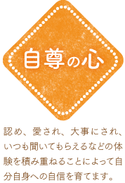 認め、愛され、大事にされ、いつも聞いてもらえるなどの体験を積み重ねることによって自分自身への自信を育てます。